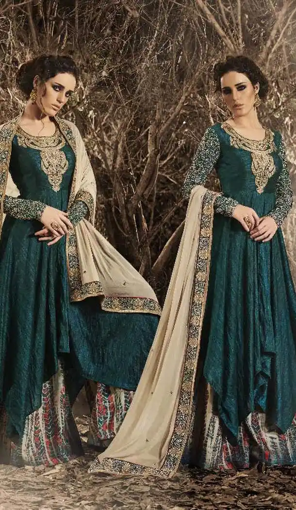 Bottle Green Color Embroidery Work Anarkali Style Palazzo Kameez | FH523479297