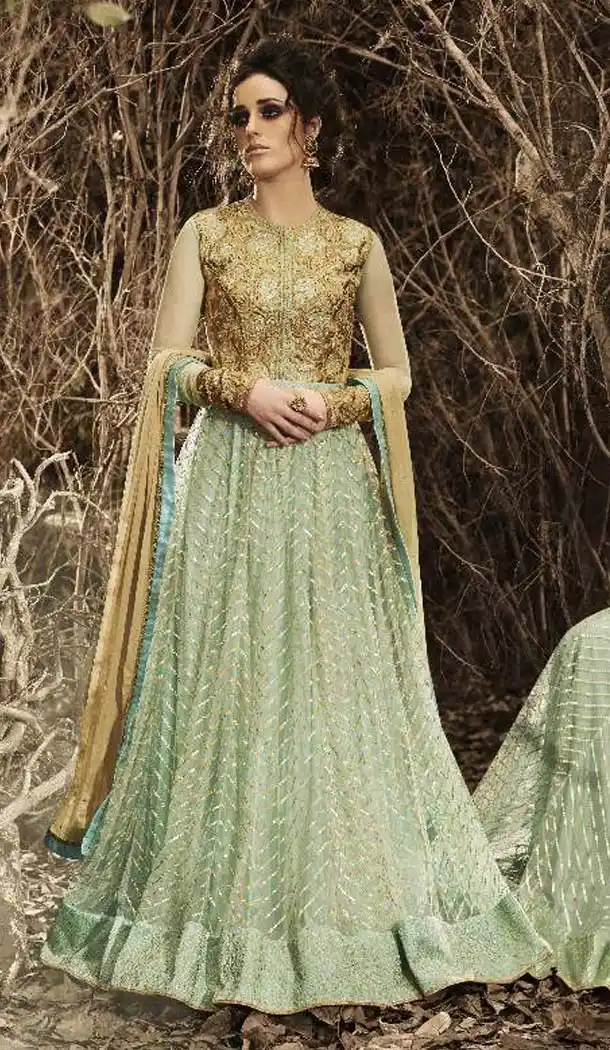 Aloe Vera Green Color Embroidery Work Anarkali Style Churidar Kameez | FH523479298
