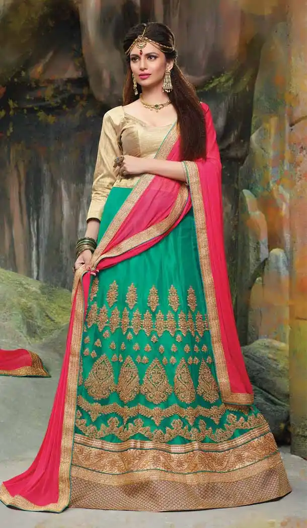 Emerald Color Net Embroidered Traditional Wear Lehenga Choli | FH523879328