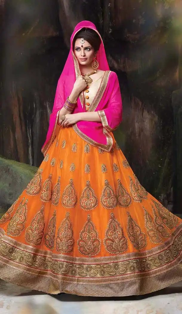 Orange Color Net Embroidered Traditional Wear Lehenga Choli | FH523879333
