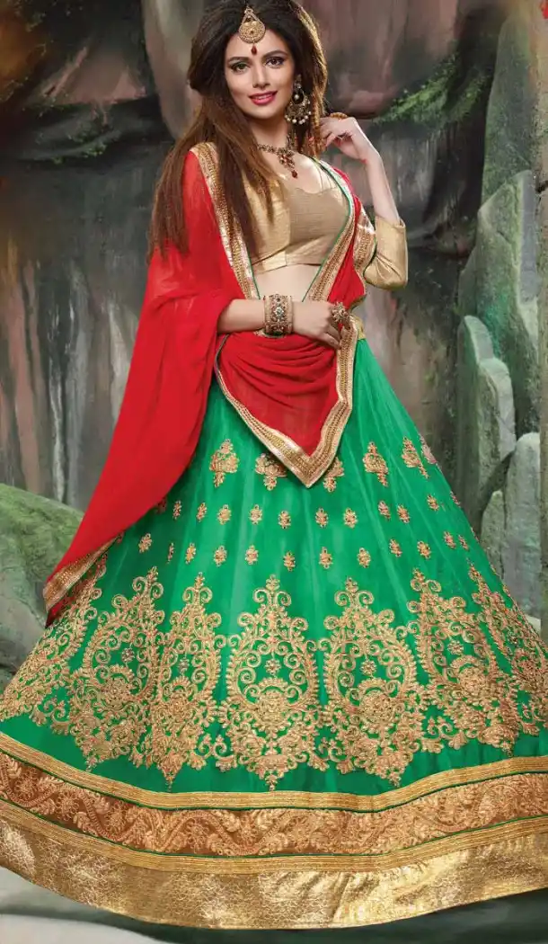 Chrome Green Color Net Embroidered Traditional Wear Lehenga Choli | FH523879337