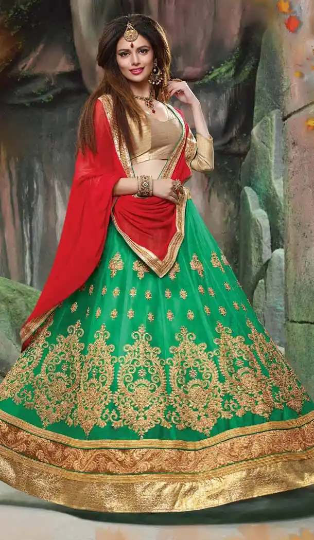 Chrome Green Color Net Embroidered Traditional Wear Lehenga Choli | FH523879337