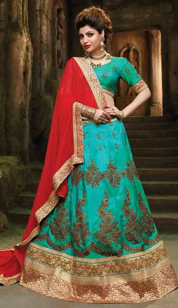 Turquoise Color Silk A Line Style Traditional Lehenga Choli | FH524079355