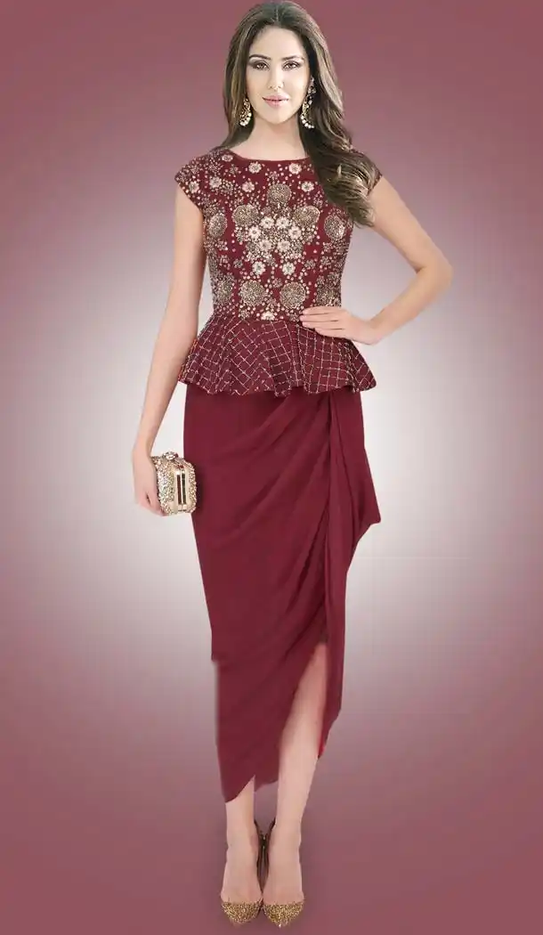 Party Wear Readymade Gown In Georgette,Net Maroon Color | FH524379385