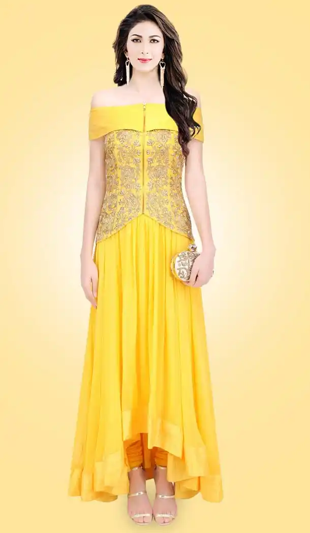 Party Wear Readymade Gown In Crepe Silk Yellow Color | FH524379391