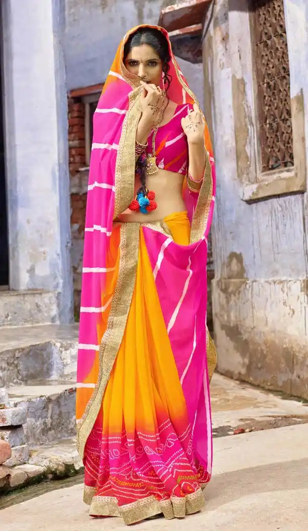Chiffon Fabric Rajasthani Pritend Bandhej Saree in Deep Pink Color | FH524779430