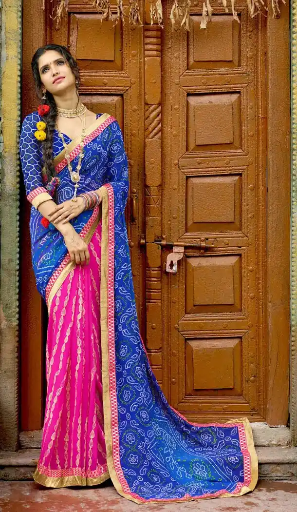 Chiffon Fabric Rajasthani Pritend Bandhej Saree in Pink Color | FH524779432