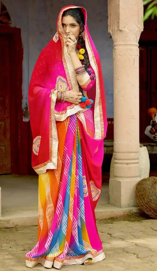 Chiffon Fabric Rajasthani Pritend Bandhej Saree in Multiple Color | FH524779433