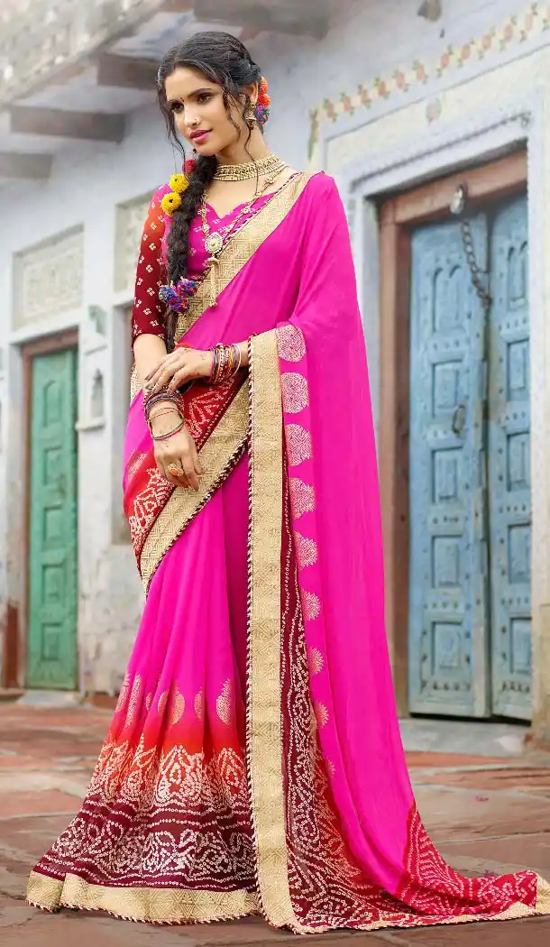 Chiffon Fabric Rajasthani Pritend Bandhej Saree in Pink Color | FH524779435