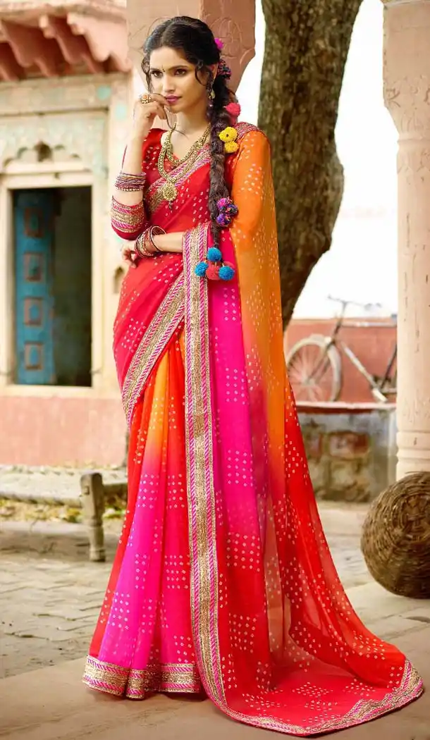 Chiffon Fabric Rajasthani Pritend Bandhej Saree in Deep Pink Color | FH524779436