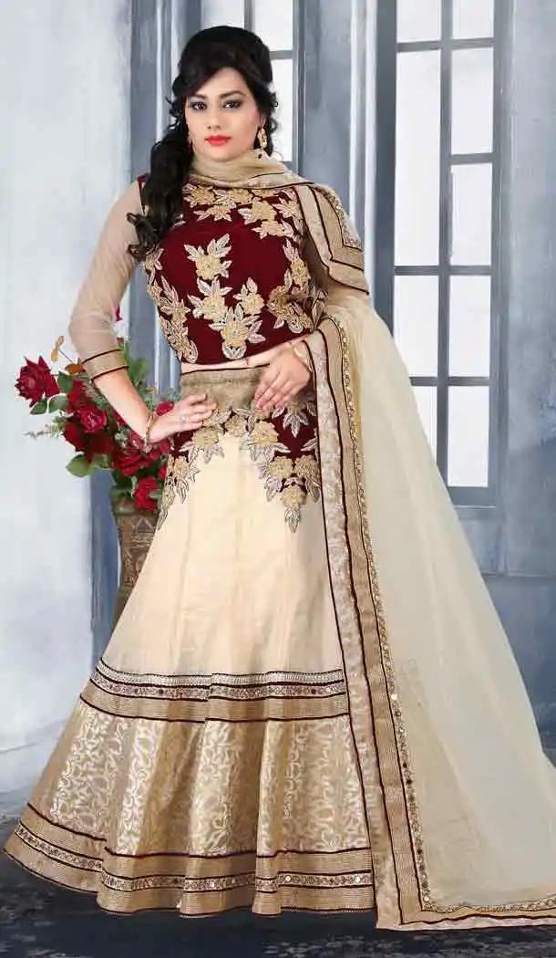 Cream Color Jacquard,Velvet Circular Style Designer Lehenga Choli | FH525679531
