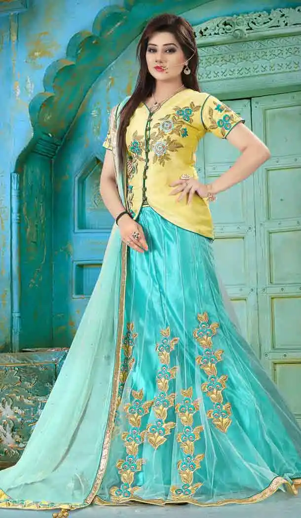 Turquoise Color Net Circular Style Designer Lehenga Choli | FH525679536