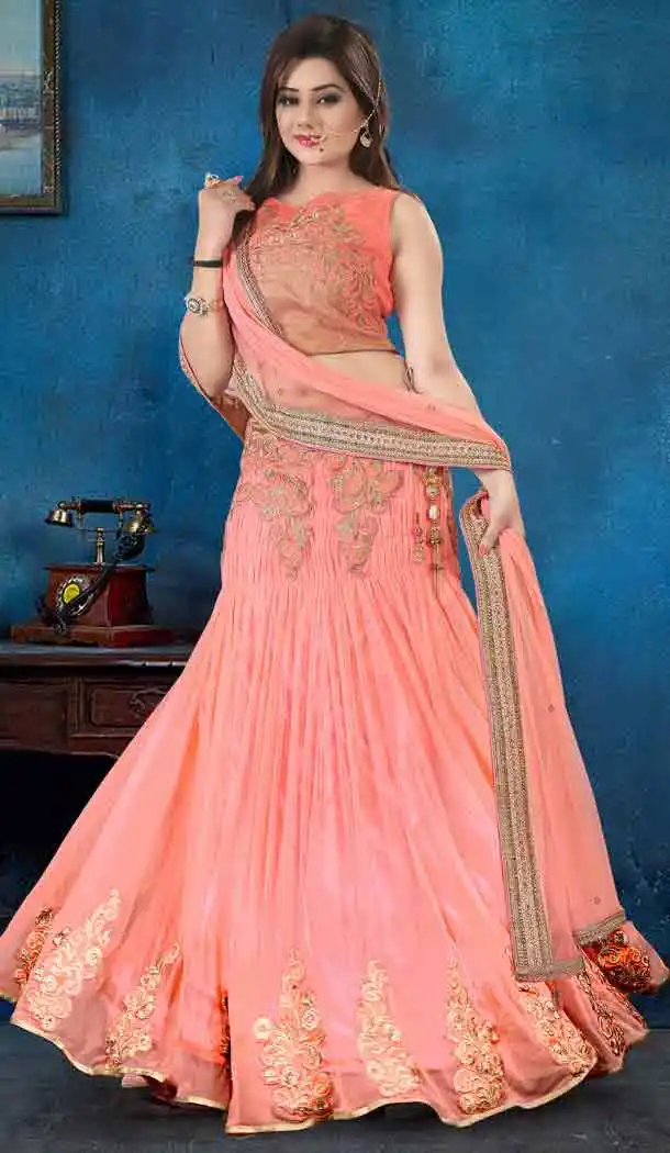 Salmon Color Net Circular Style Designer Lehenga Choli | FH525679537