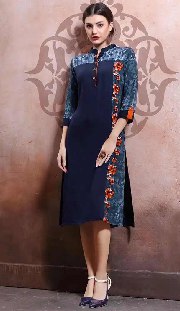 Party Wear Straight Cotton Readymade Tops in Navy Blue Color | FH525779549