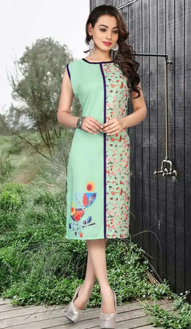 Aloe Vera Green Color Crepe Silk Fabric Straight Style Readymade Kurtis | FH525980222