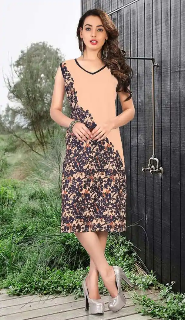 French Beige Color Crepe Silk Fabric Straight Style Readymade Kurtis | FH525980225