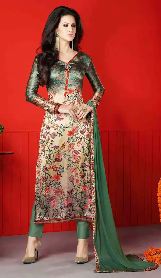 Emerald Color Satin Digital Printed Salwar Kameez | FH526080233
