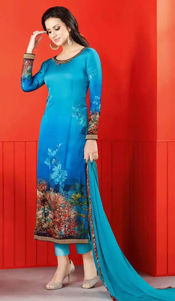 Sky Blue Color Satin Digital Printed Salwar Kameez | FH526080234