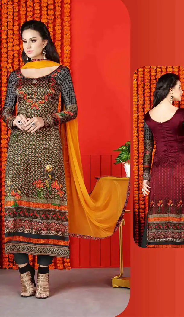 Slate Grey Color Satin Digital Printed Salwar Kameez | FH526080236