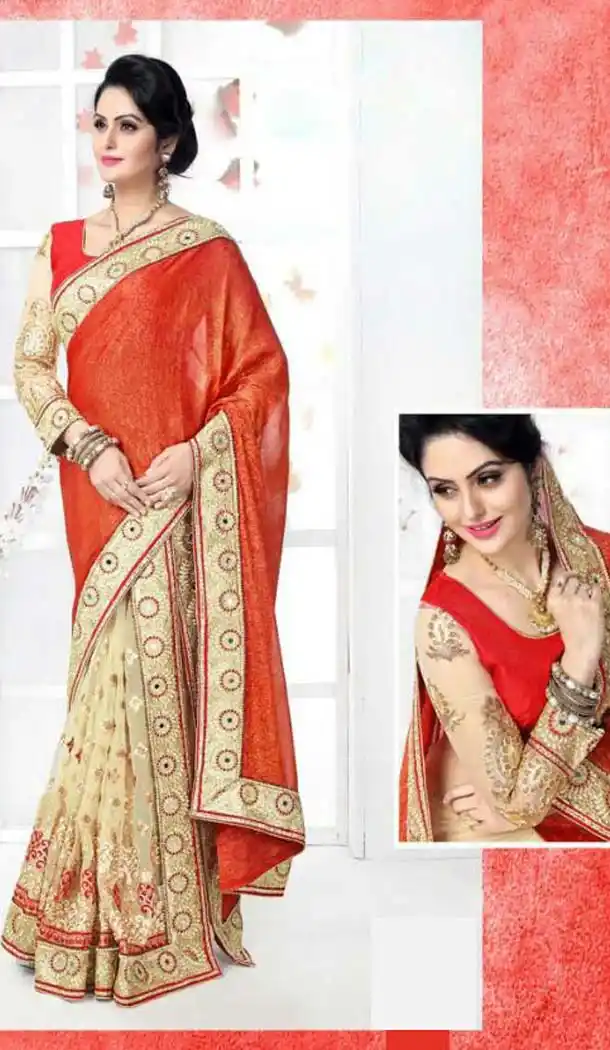 Net,Silk Fabric Party Wear Saree in Orange Color | FH526279575