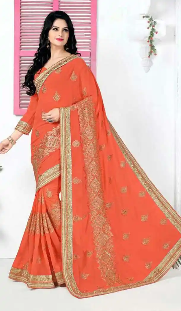 Silk Fabric Party Wear Saree in Orange Color | FH526279580