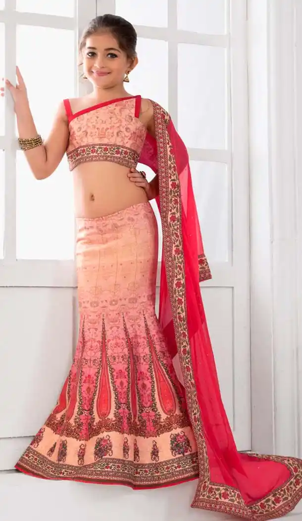 Salmon Color Silk Mermaid Cut Style Designer Girls Lehenga Choli | FH526880251