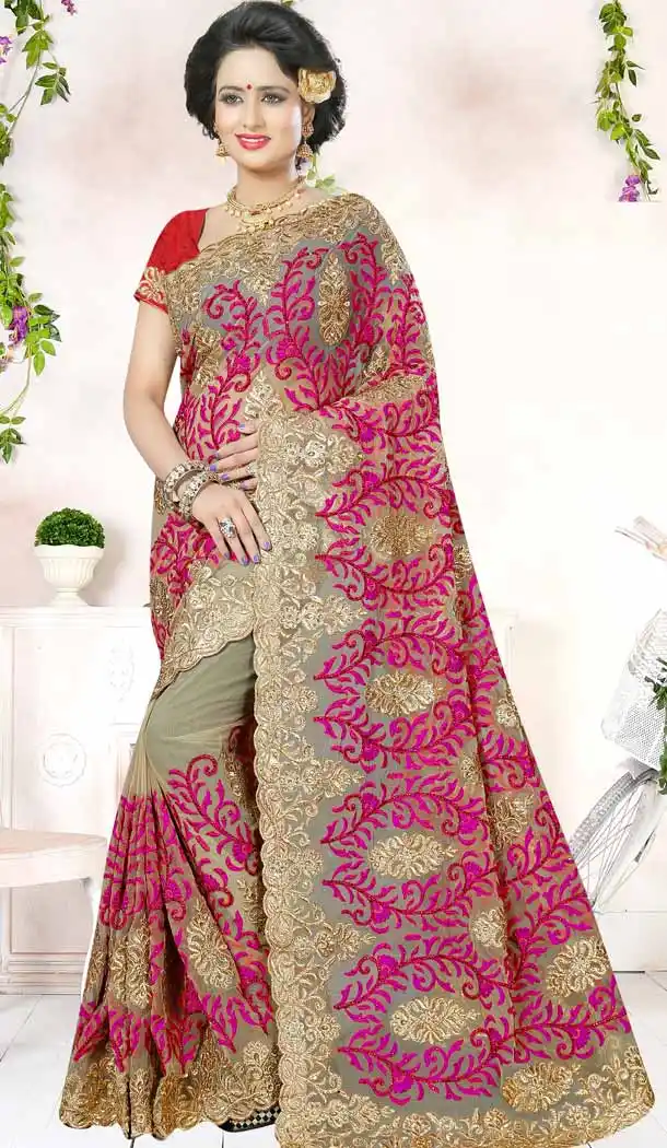 Crystals Stones Embroidery Beige Color Net Ethnic Wear Designer Sarees | FH527280276