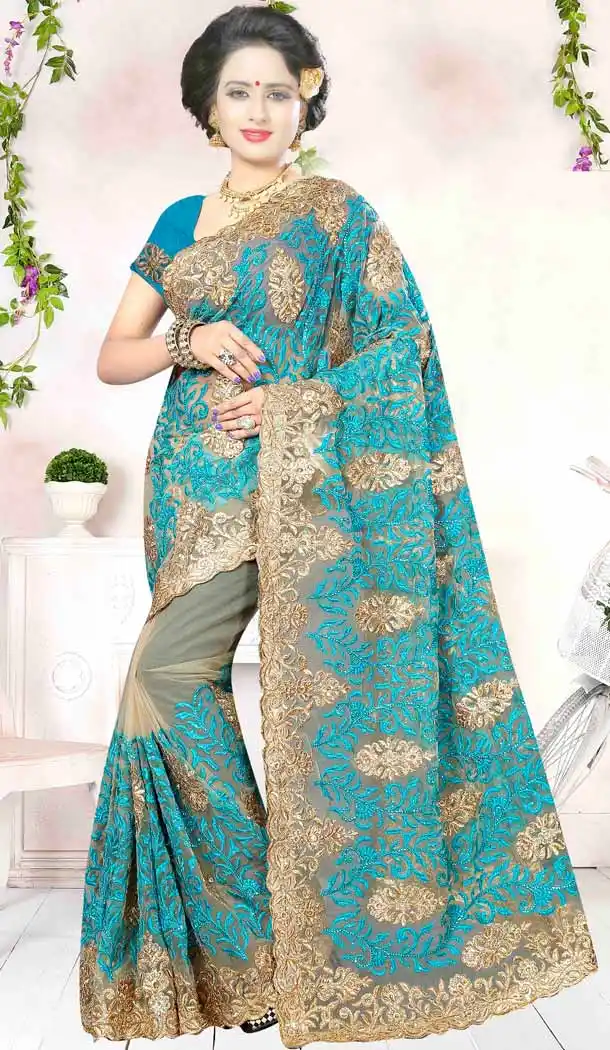 Crystals Embroidery Beige Color Net Ethnic Wear Designer Sarees | FH527280277