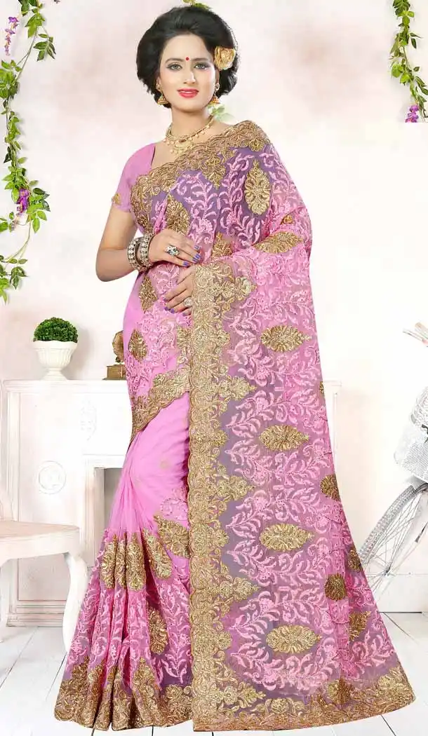 Embroidery Rose Pink Color Net Ethnic Wear Designer Sarees | FH527280278