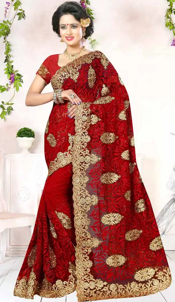 Embroidery Red Color Net Ethnic Wear Designer Sarees | FH527280279