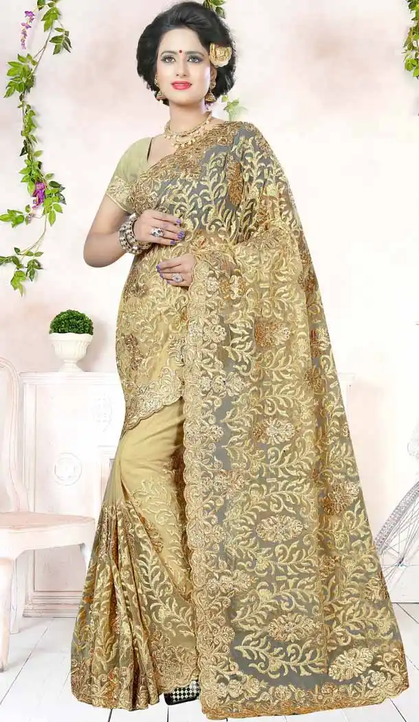Designer Embroidery Beige Color Net Ethnic Wear Sarees | FH527280281