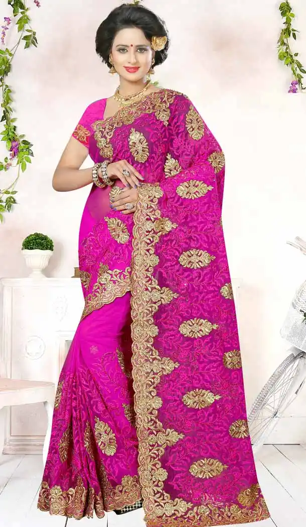 Designer Embroidery Deep Pink Color Net Ethnic Wear Sarees | FH527280282