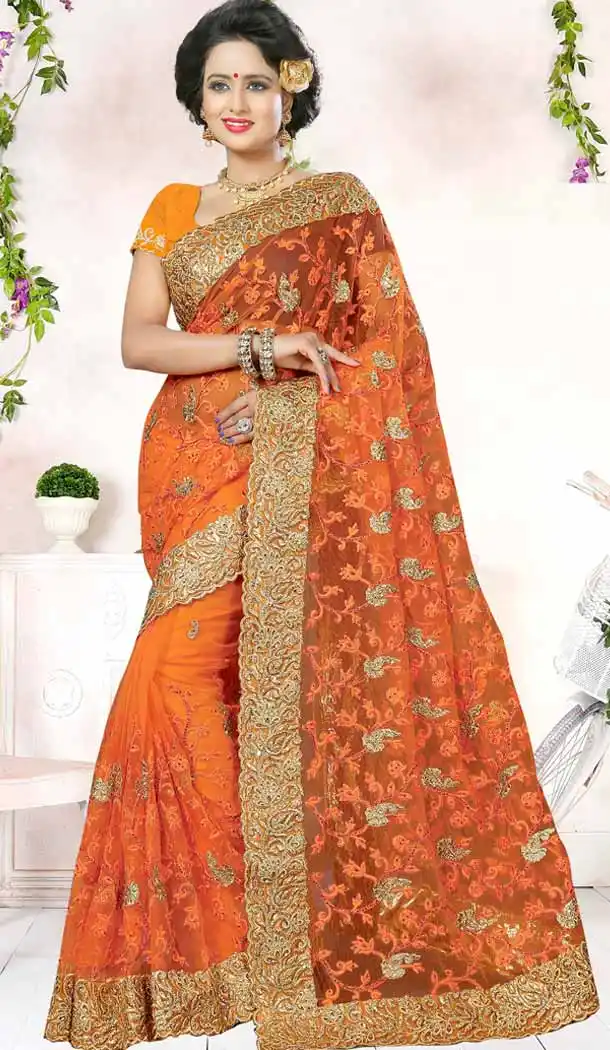 Designer Embroidery Orange Color Net Ethnic Wear Sarees | FH527280285