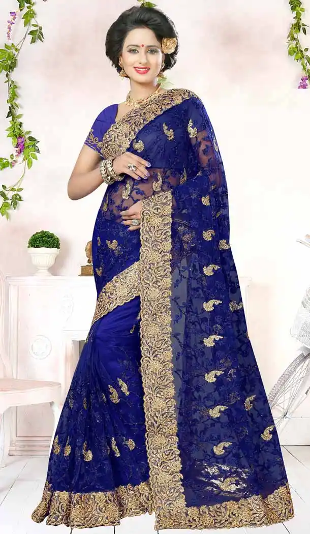 Designer Embroidery Deep Blue Color Net Ethnic Wear Sarees | FH527280286