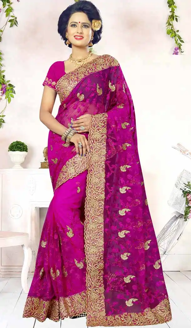 Designer Embroidery Pink Color Net Ethnic Wear Sarees | FH527280287
