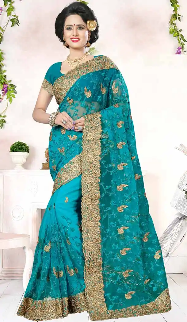Designer Embroidery Turquoise Color Net Ethnic Wear Sarees | FH527280289