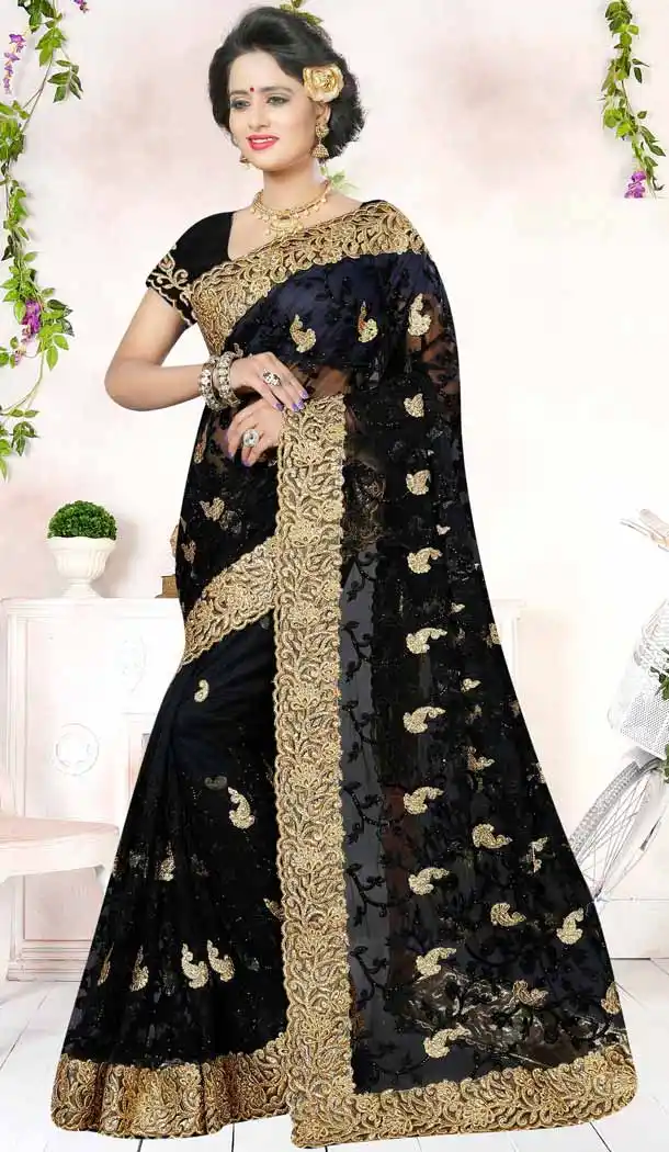 Designer Embroidery Black Color Net Ethnic Wear Sarees | FH527280290