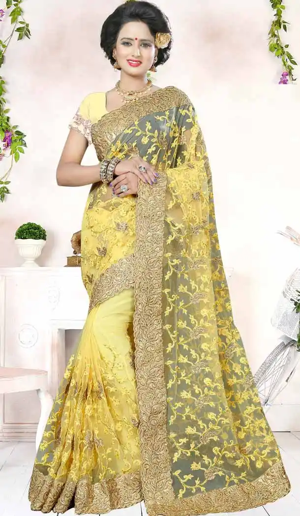 Designer Embroidery Yellow Color Net Ethnic Wear Sarees | FH527280291