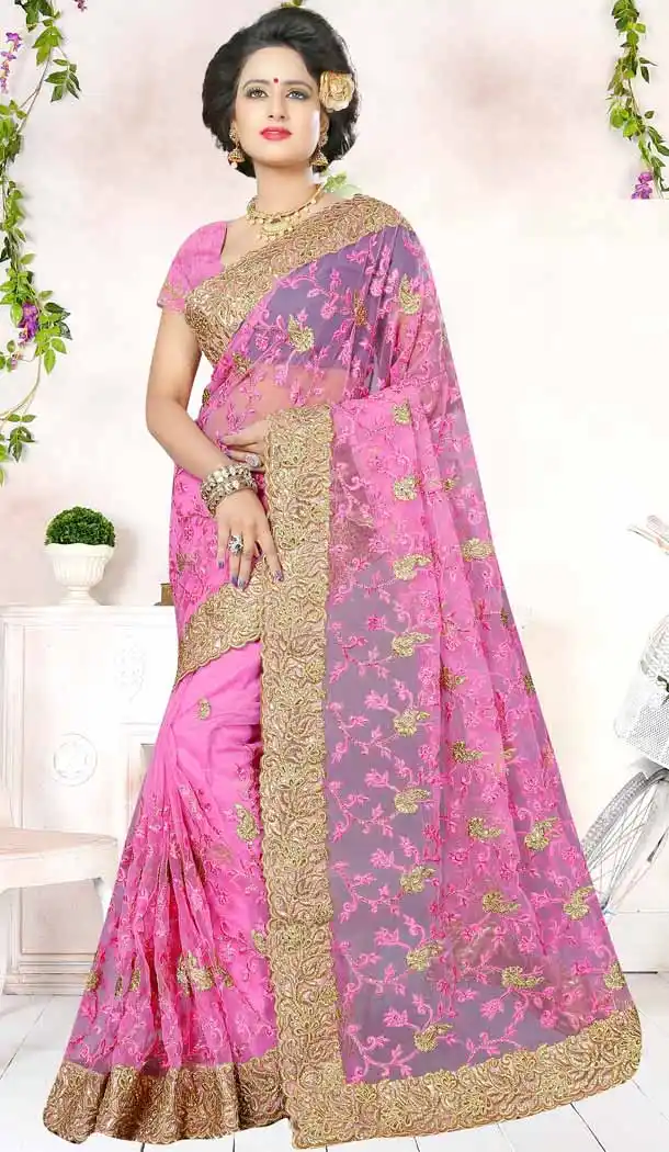 Designer Embroidery Rose Pink Color Net Ethnic Wear Sarees | FH527280292