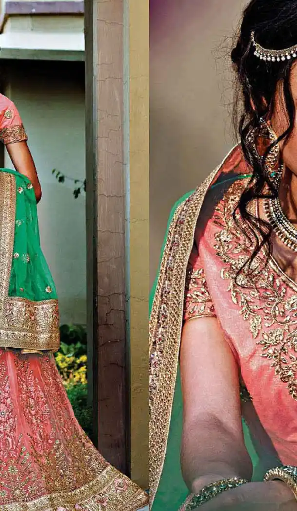 Salmon Color Net Circular Style Bridal Designer Lehenga Choli | FH529079972