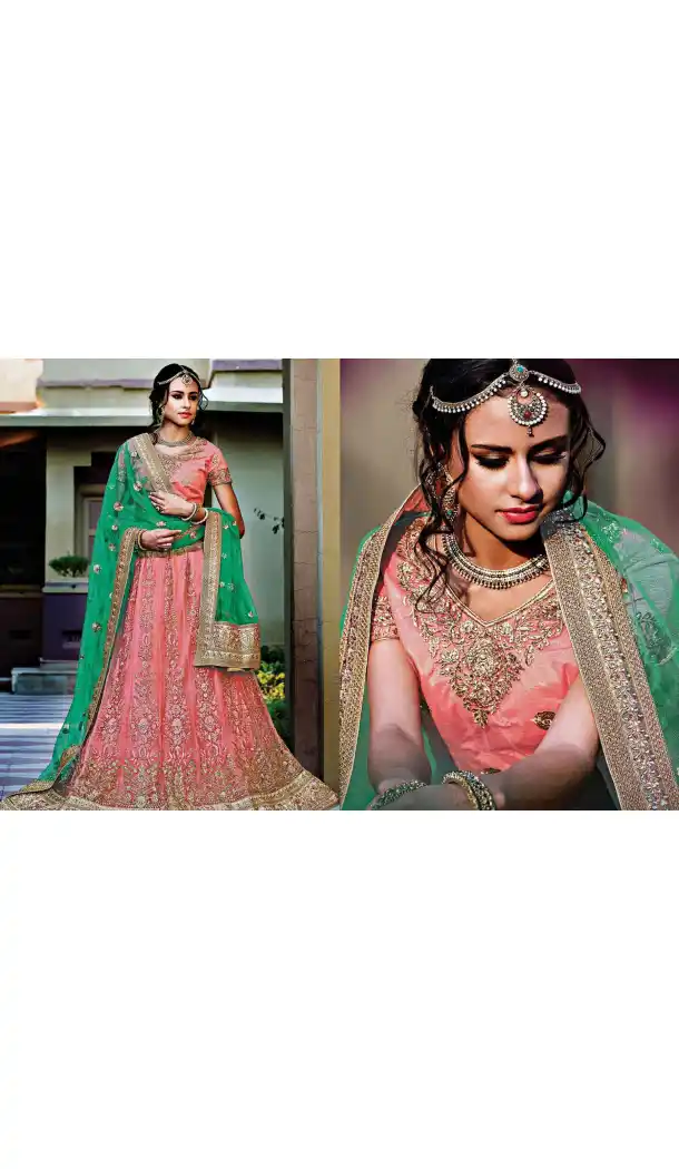 Salmon Color Net Circular Style Bridal Designer Lehenga Choli | FH529079972