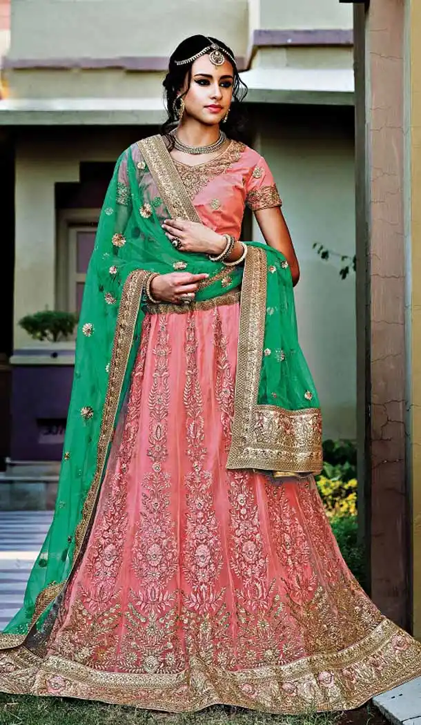Salmon Color Net Circular Style Bridal Designer Lehenga Choli | FH529079972