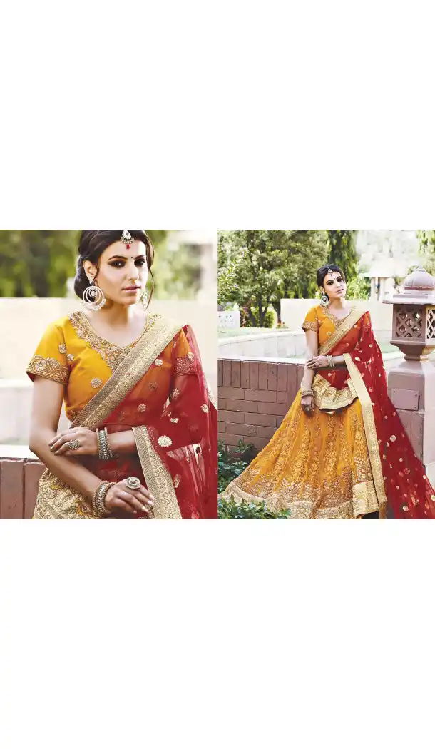 Butter Scotch Color Net Circular Style Bridal Designer Lehenga Choli | FH529079973