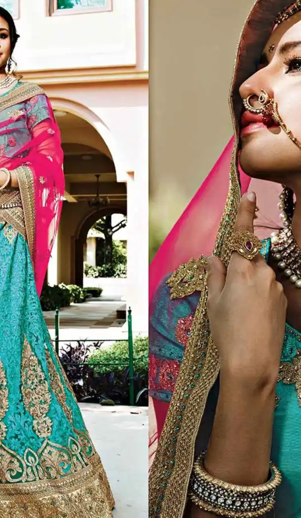 Turquoise Color Net Circular Style Bridal Designer Lehenga Choli | FH529079974
