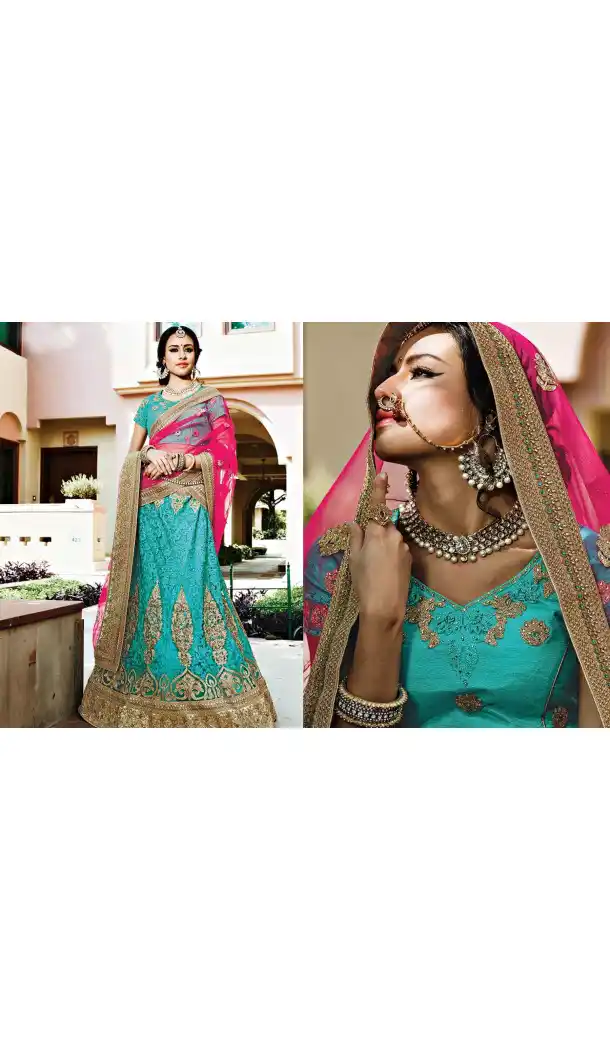 Turquoise Color Net Circular Style Bridal Designer Lehenga Choli | FH529079974