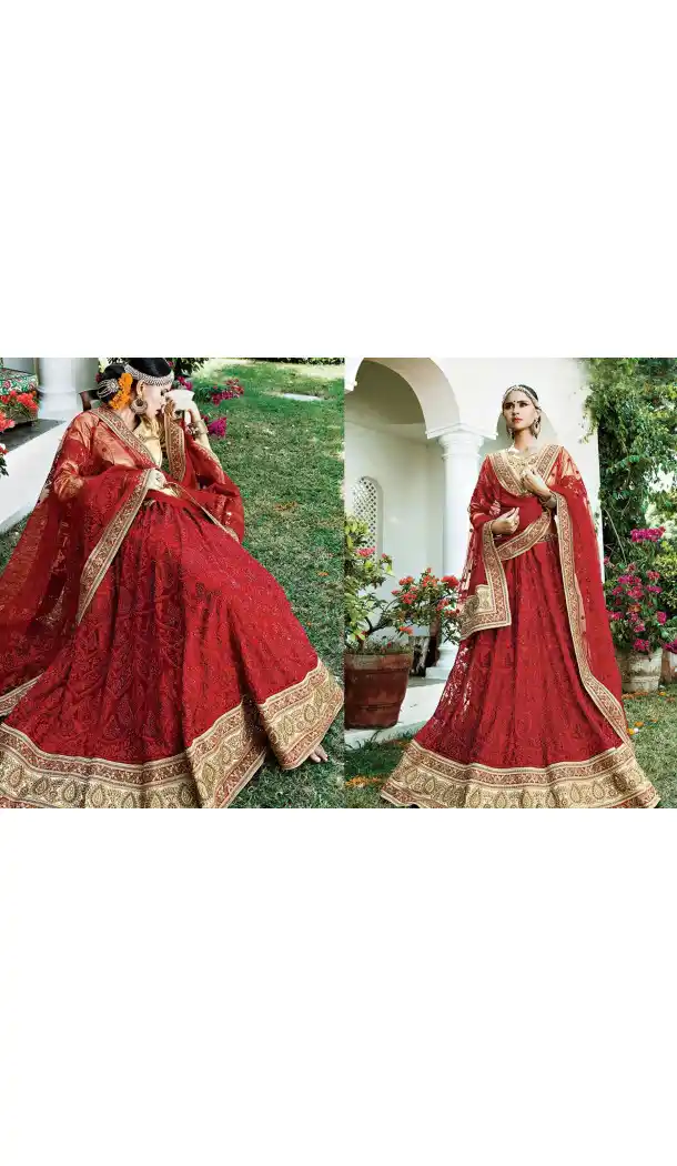 Red Color Net Circular Style Bridal Designer Lehenga Choli | FH529079977