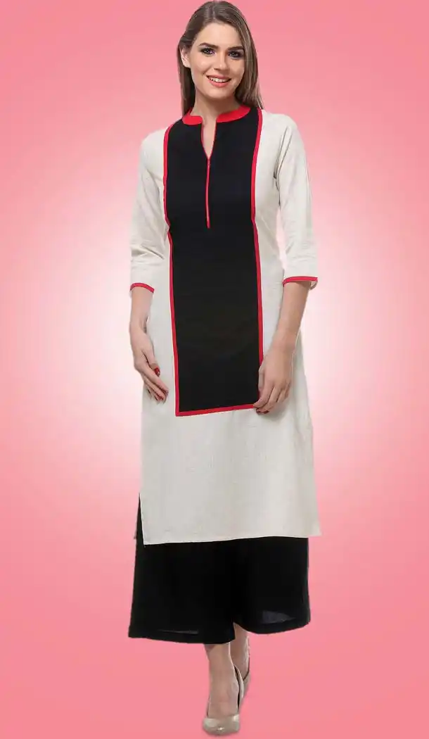 Cotton Fabric Straight Style Readymade Kurtis in Off White | FH529480015