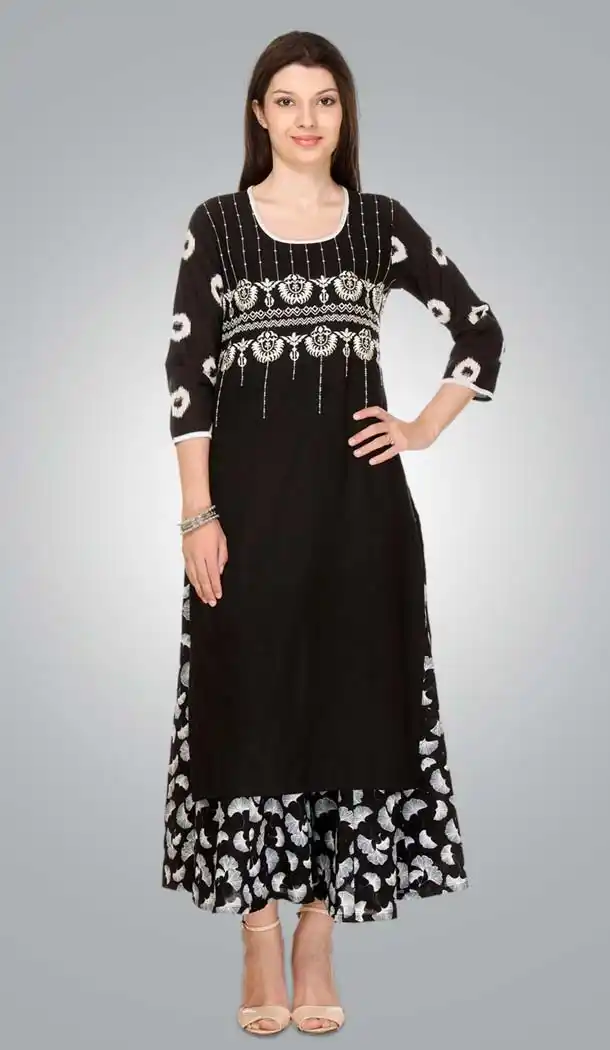 Cotton Fabric Straight Style Readymade Kurtis in Black | FH529480017
