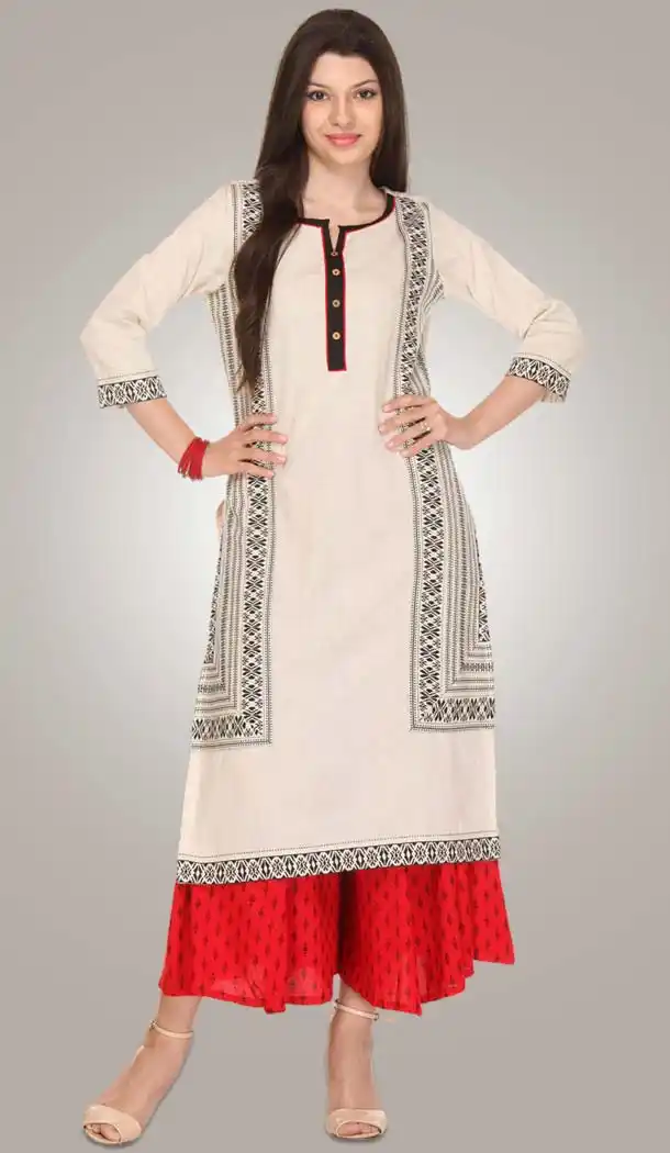 Cotton Fabric Straight Style Readymade Kurtis in Off White | FH529480018