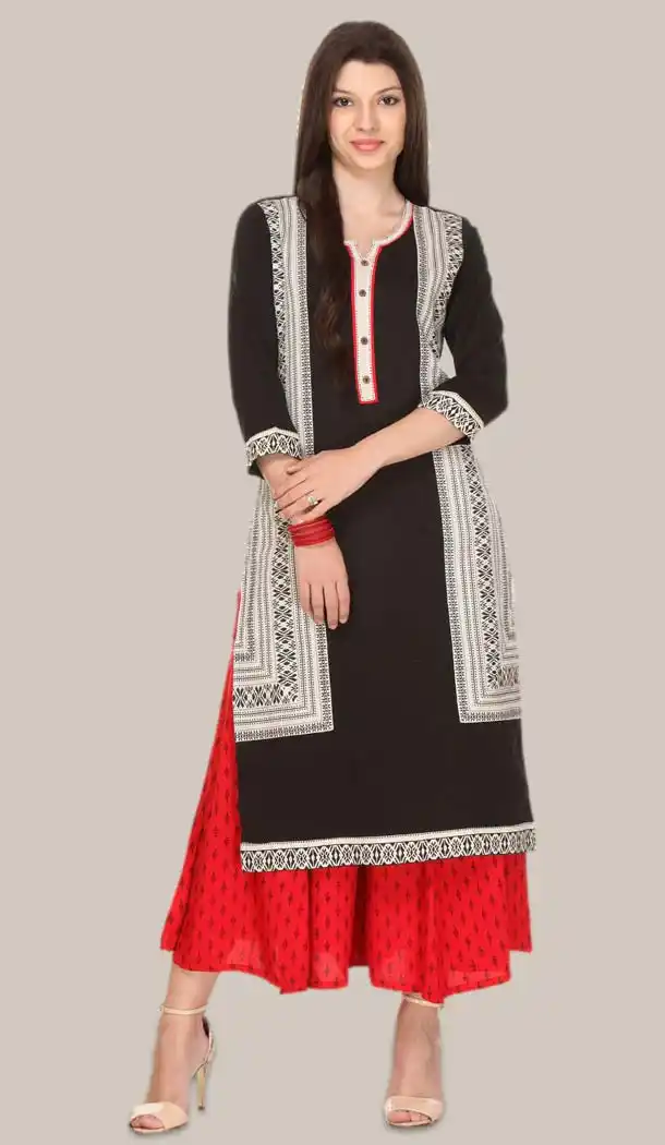 Cotton Fabric Straight Style Readymade Kurtis in Black | FH529480019